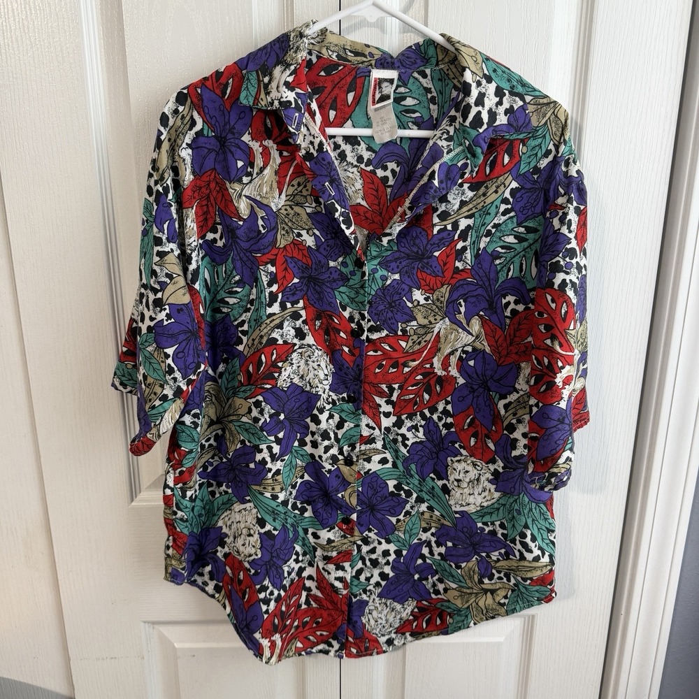 East River Clothing Co Vintage Multicolor Floral Lion Button Up 80s Size Large